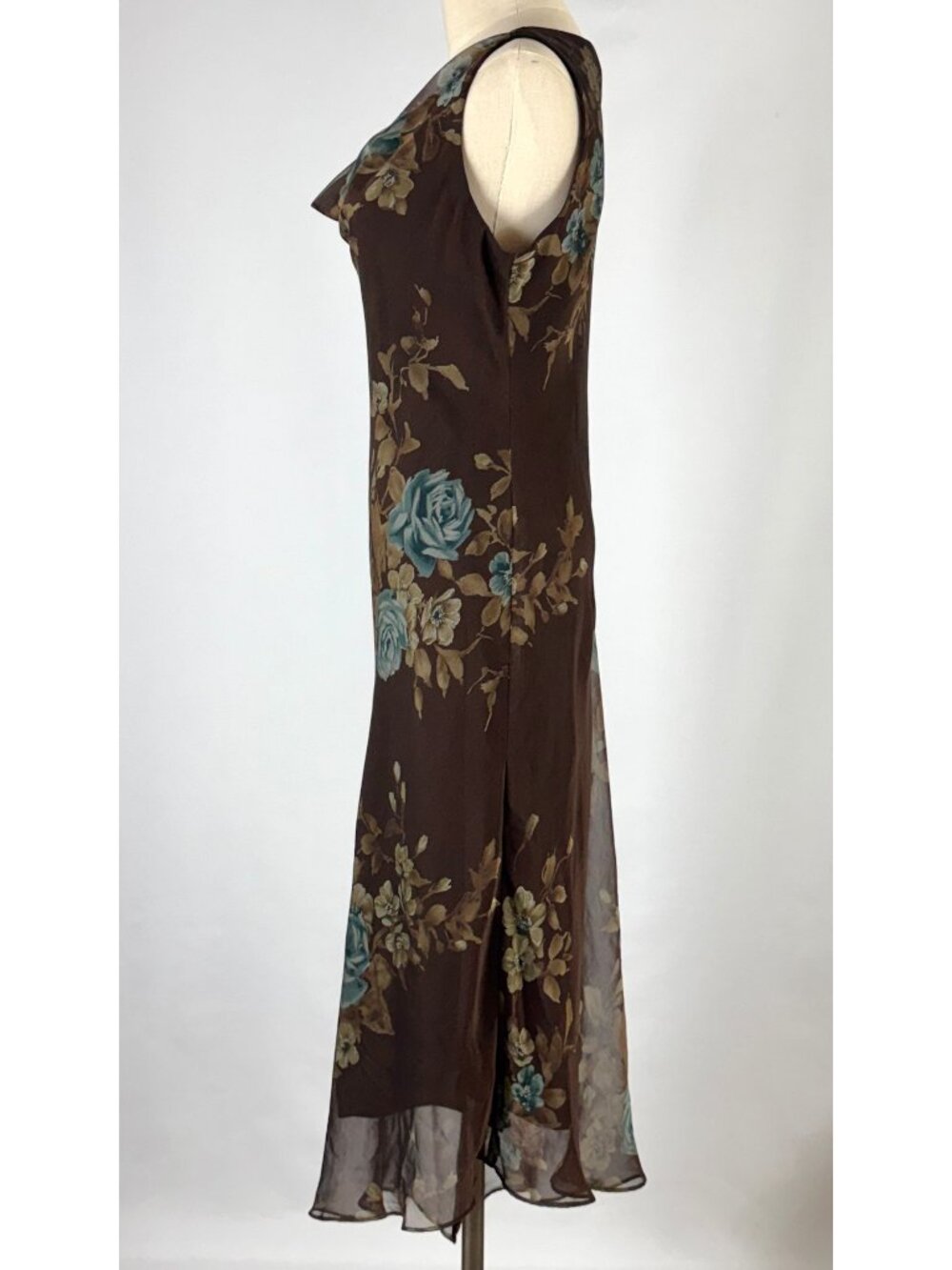 Vtg Y2K Jessica Howard Brown & Blue Floral Chiffon Asymmetrical Dress Cowl Neck - Picture 5 of 9